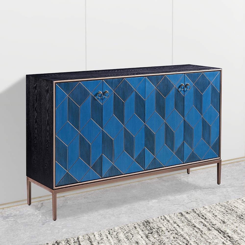 Italian Blue Buffet Cubic Outlined  Sideboard 4 Doors 4 Shelves window image