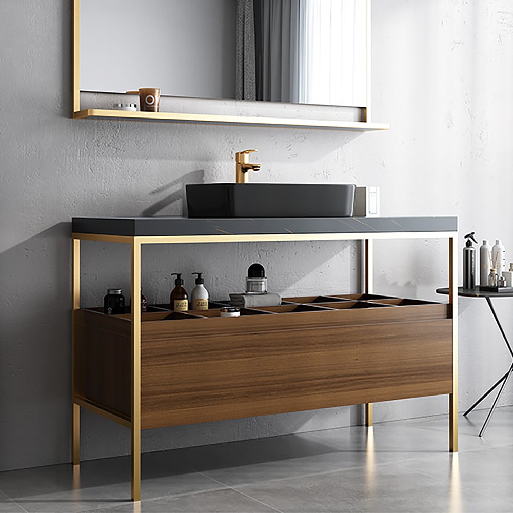 Free-Standing Walnut Bathroom Vanity Sintered Stone Top Ceramics Vessel with Storage window image