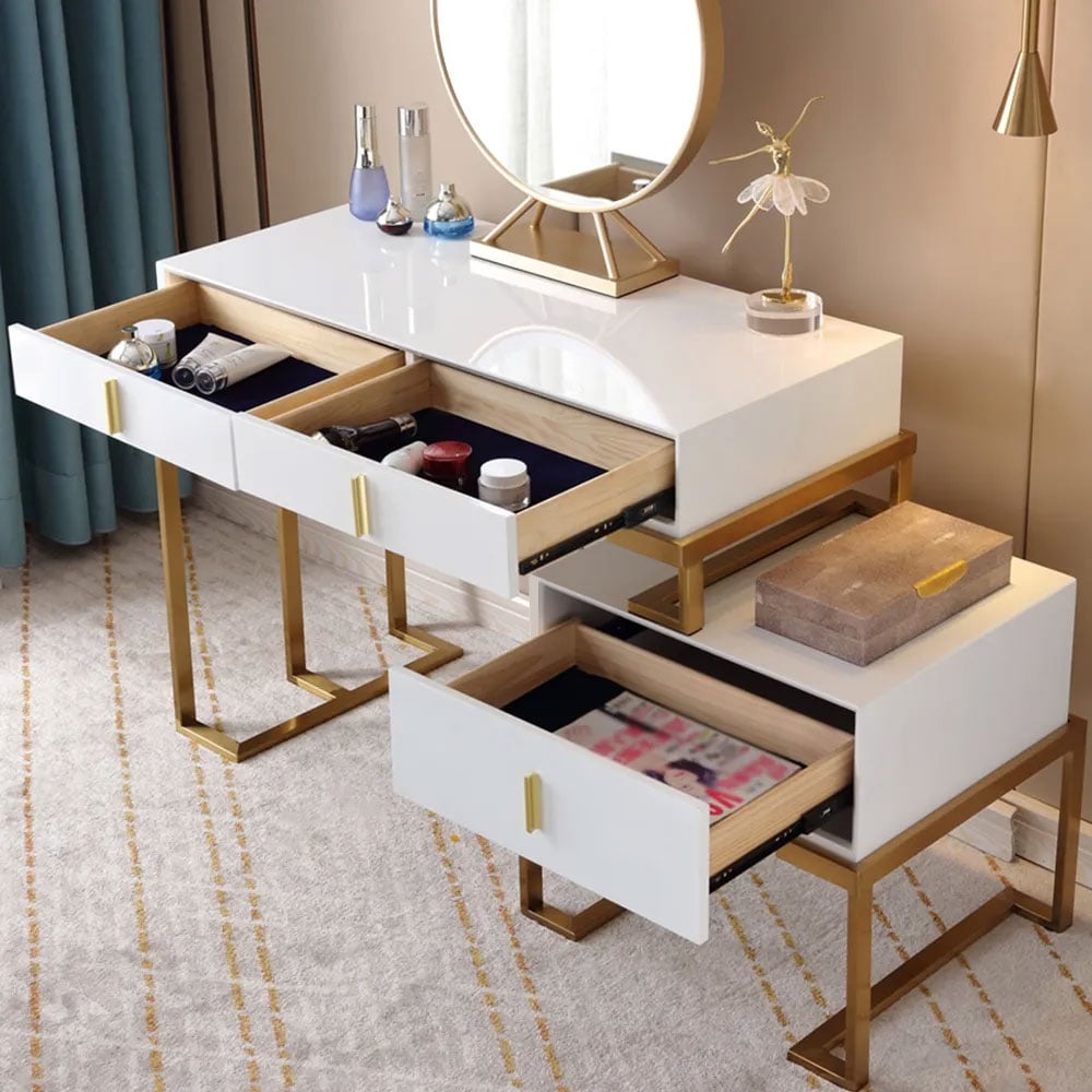 White Makeup Vanity Set Retracted & Extendable Table with Cabinet & Mirror & Stool window image