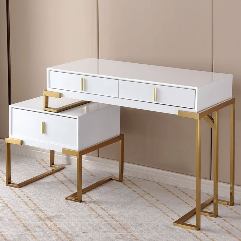 White Makeup Vanity Set Retracted & Extendable Table with Cabinet & Mirror & Stool window image