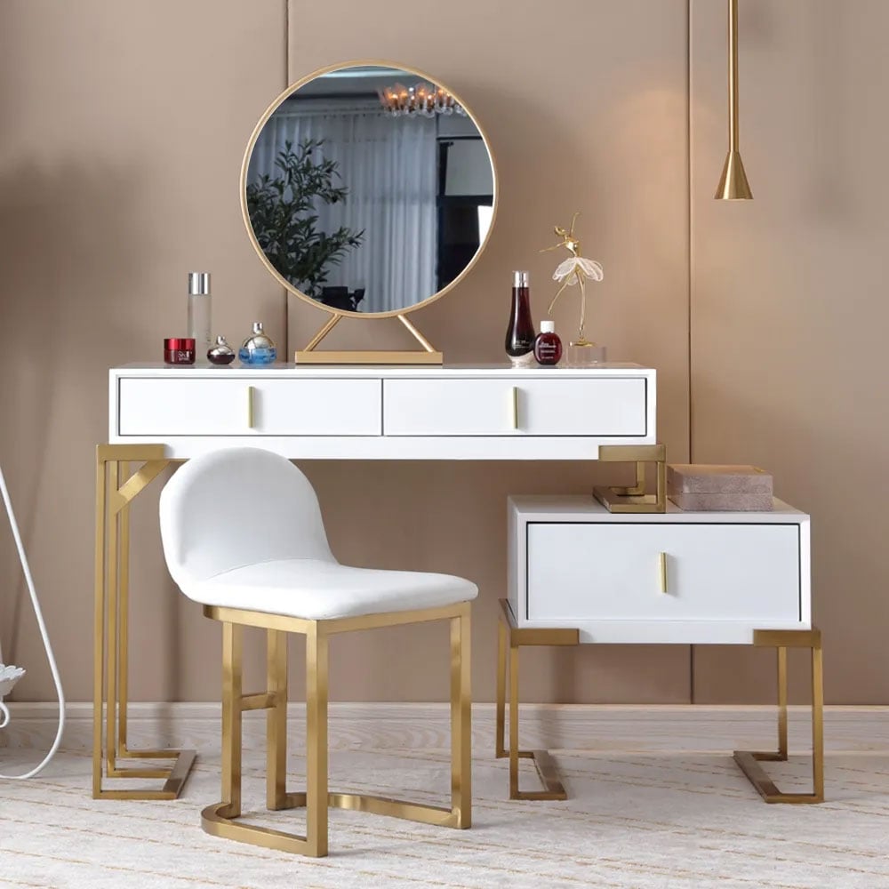 White Makeup Vanity Set Retracted & Extendable Table with Cabinet & Mirror & Stool window image