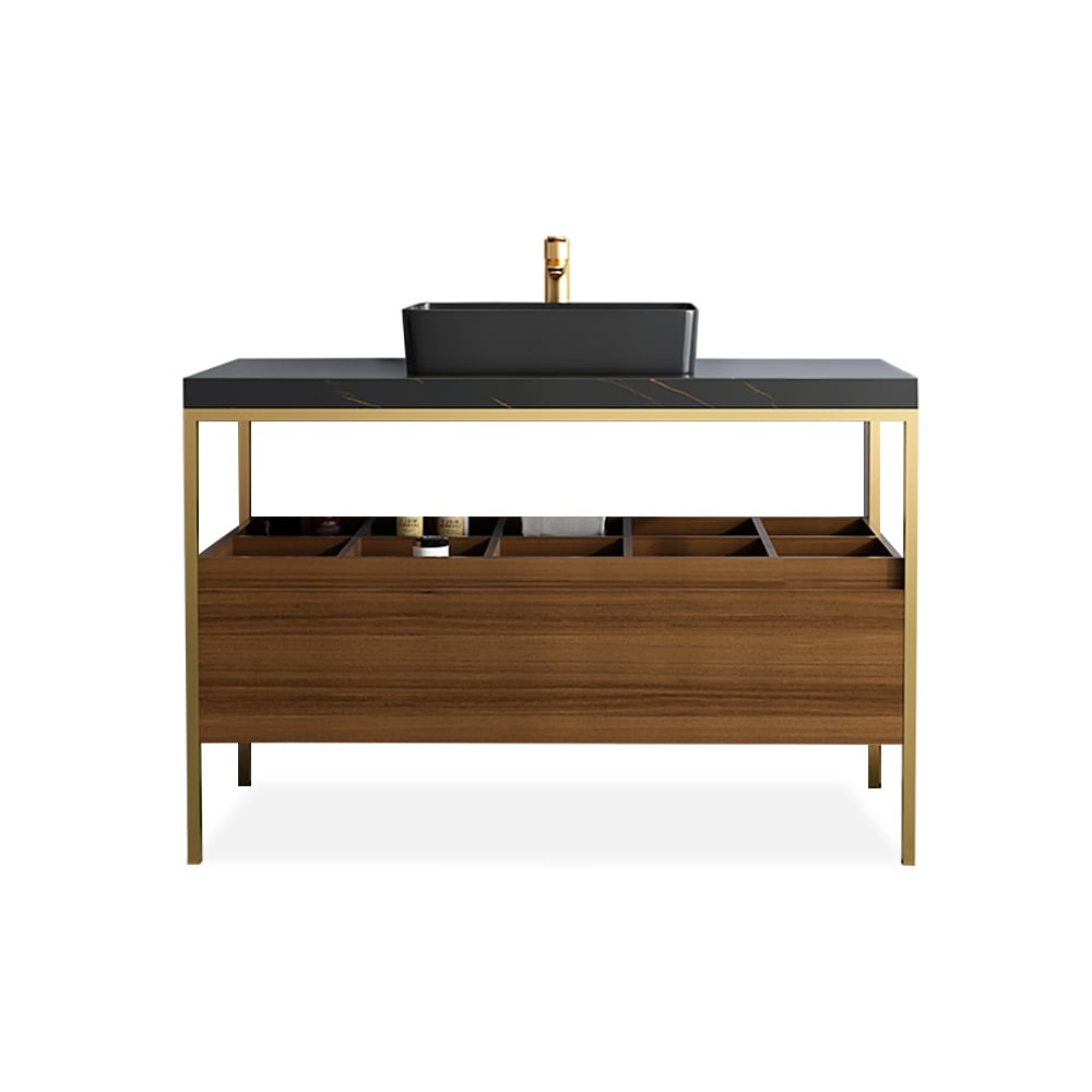 Free-Standing Walnut Bathroom Vanity Sintered Stone Top Ceramics Vessel with Storage window image