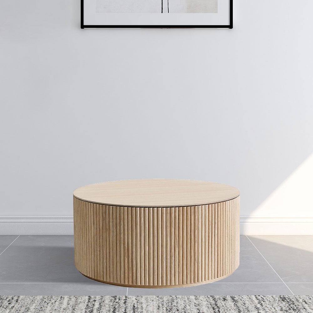 Farmhouse Round Coffee Table in Pine Wood Rustic Wooden Accent Table in Natural window image