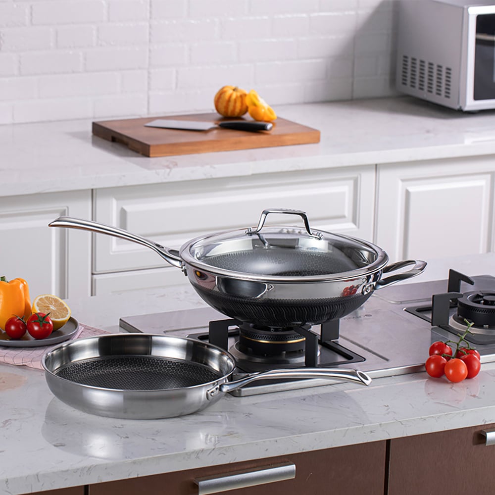 Sartén de plata de acero inoxidable de 3 capas antiadherente multiusos de 3 piezas Imagen de ventana
