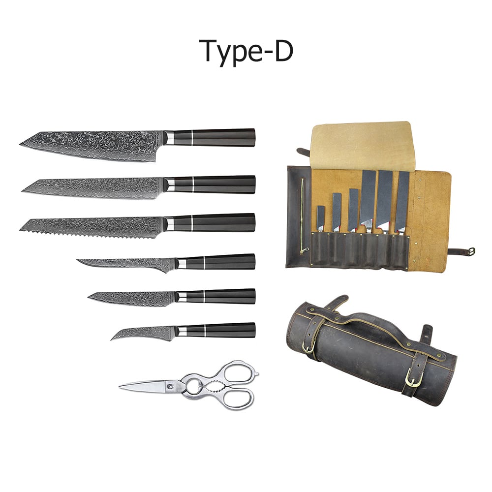 8 Pieces Damascus Kitchen Knife Set Chef Knife Set with Leather Roll Bag window image