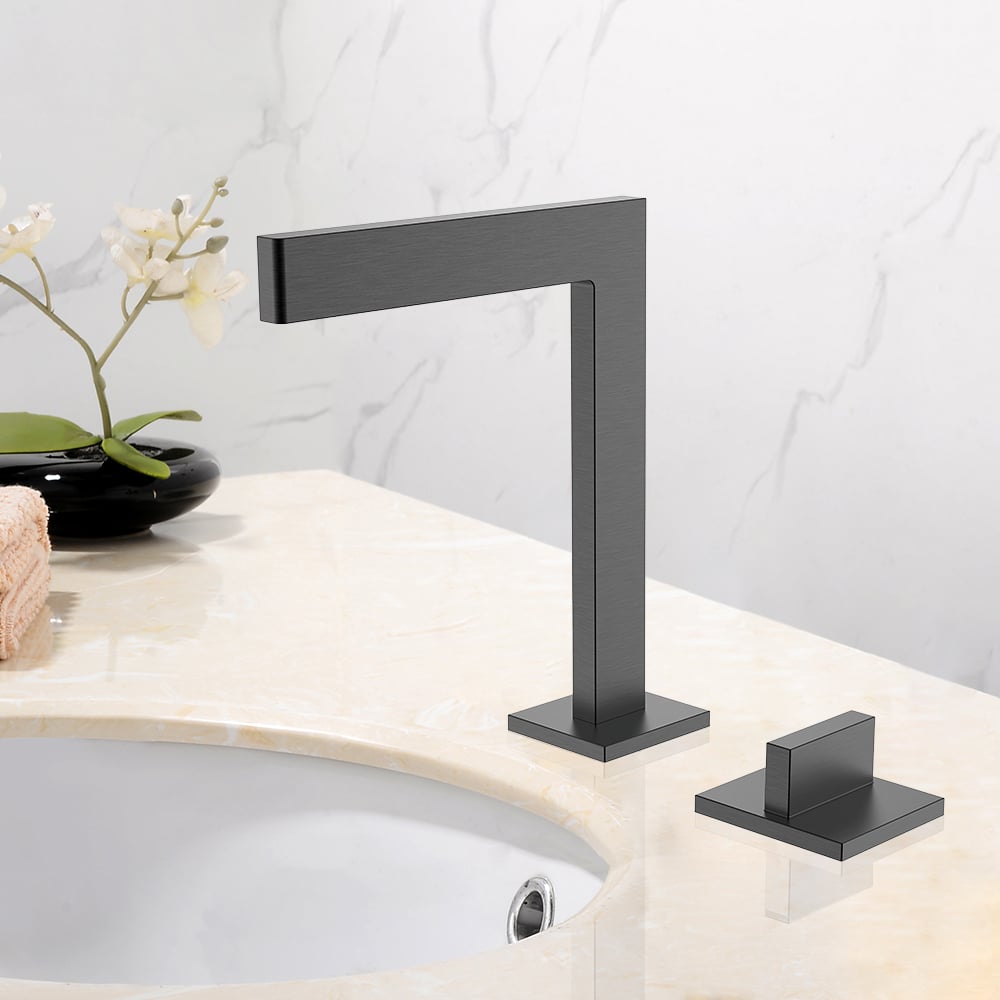 Robinet de lavabo géométrique à poignée unique en laiton brossé à 2 trous image de fenêtre
