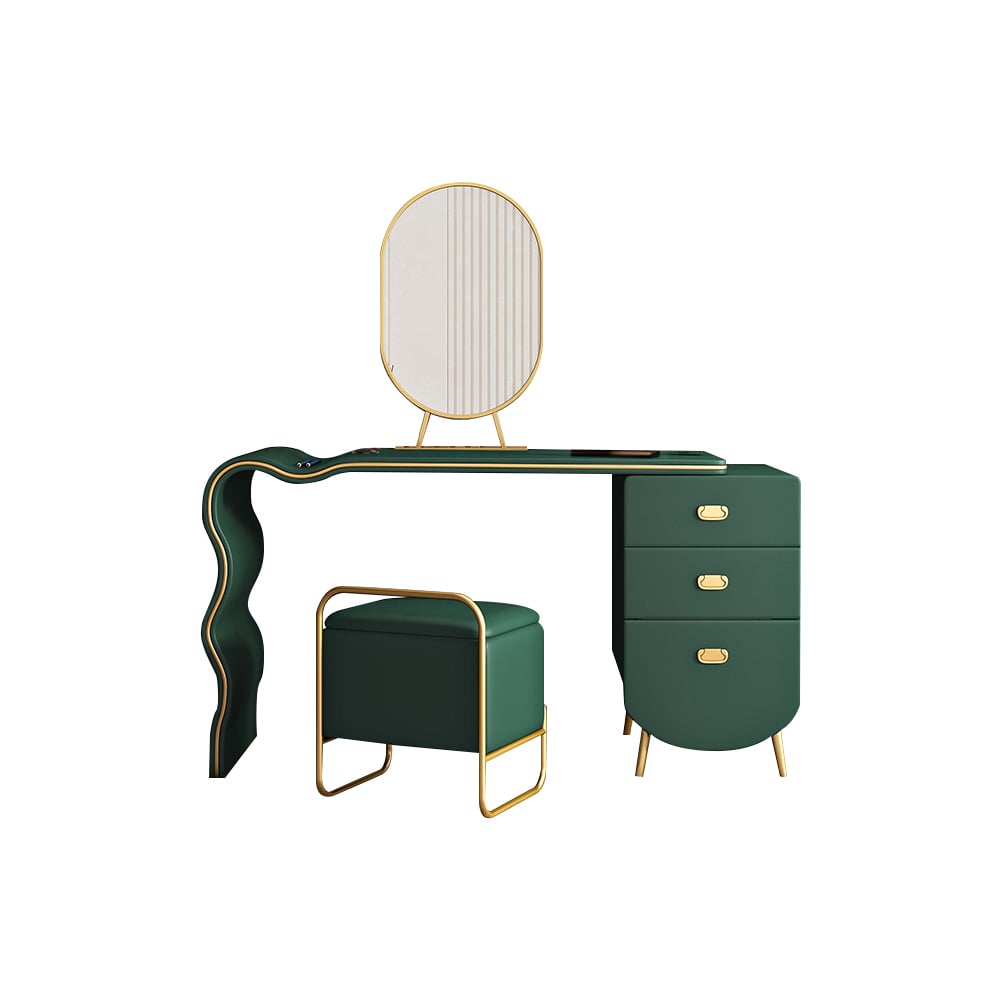 Green Wood and Metal Makeup Vanity Set with Mirror and Stool window image