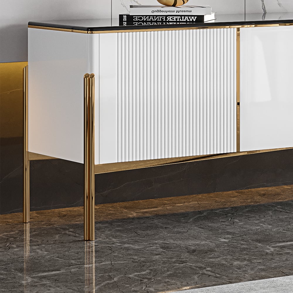 Marble and Stainless Steel TV Stand with Doors and Shelves window image