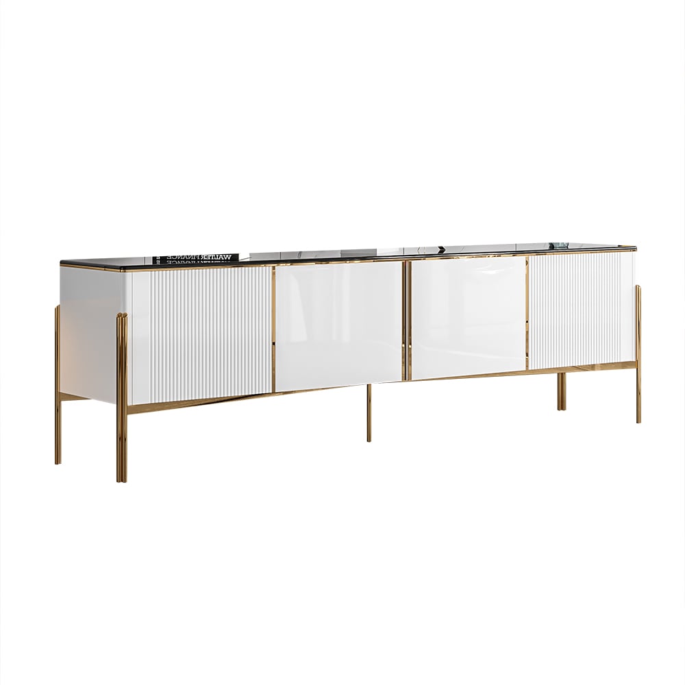 Marble and Stainless Steel TV Stand with Doors and Shelves window image