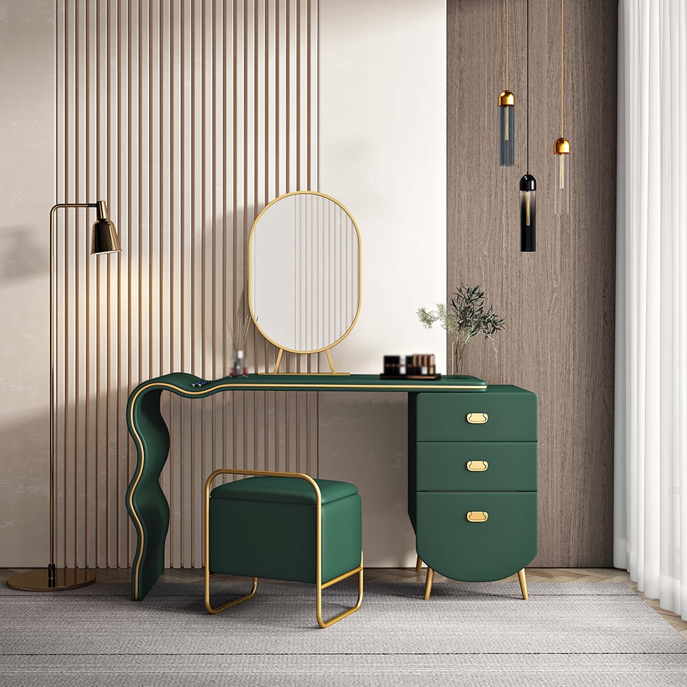 Green Wood and Metal Makeup Vanity Set with Mirror and Stool window image