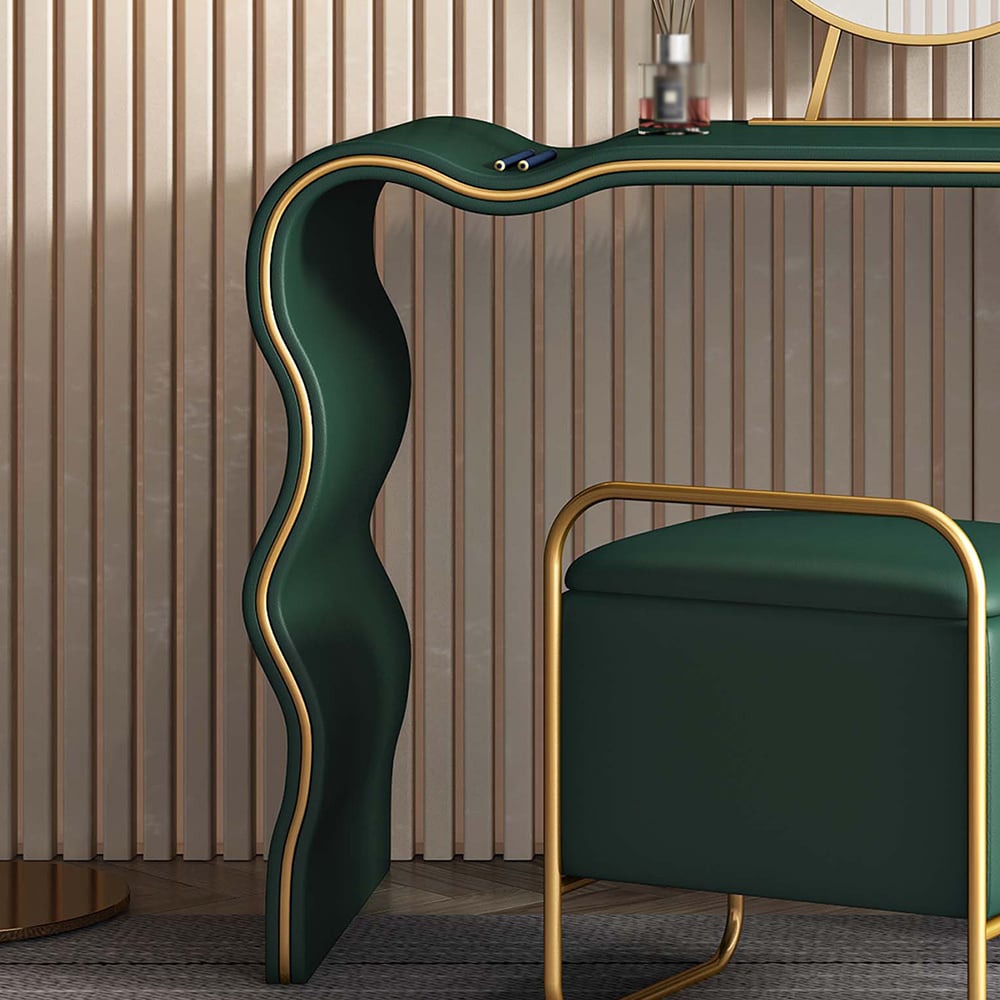 Green Wood and Metal Makeup Vanity Set with Mirror and Stool window image