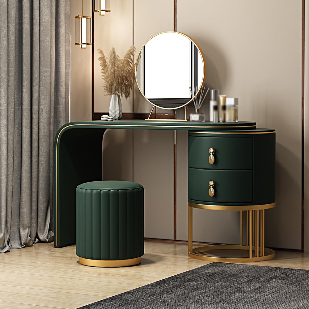 Green Faux Leather Makeup Vanity Set with Mirror and Stool window image