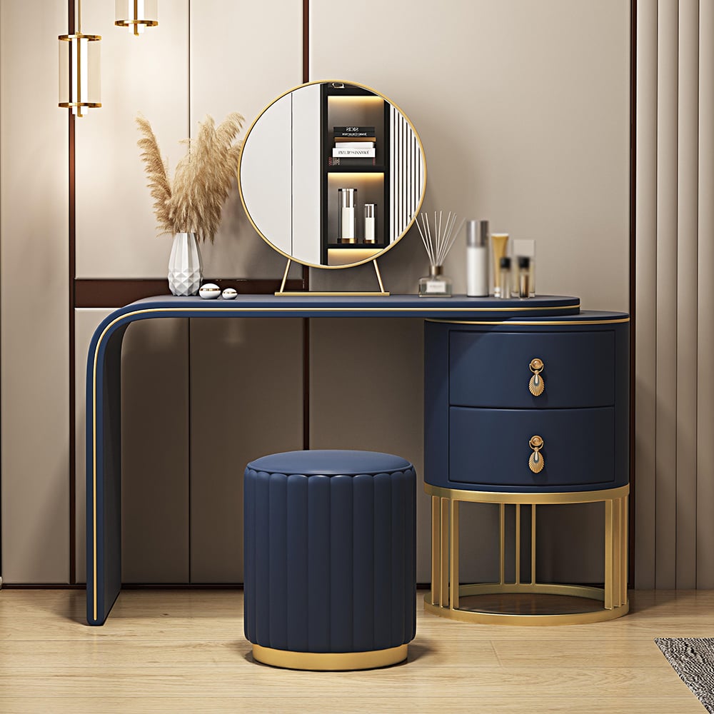 Blue Faux Leather Makeup Vanity Set with Mirror and Stool window image