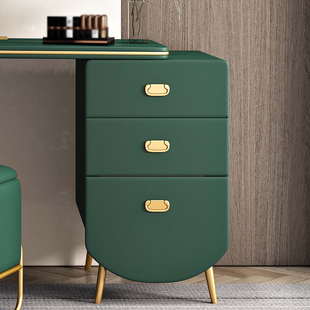 Green Wood and Metal Makeup Vanity Set with Mirror and Stool window image