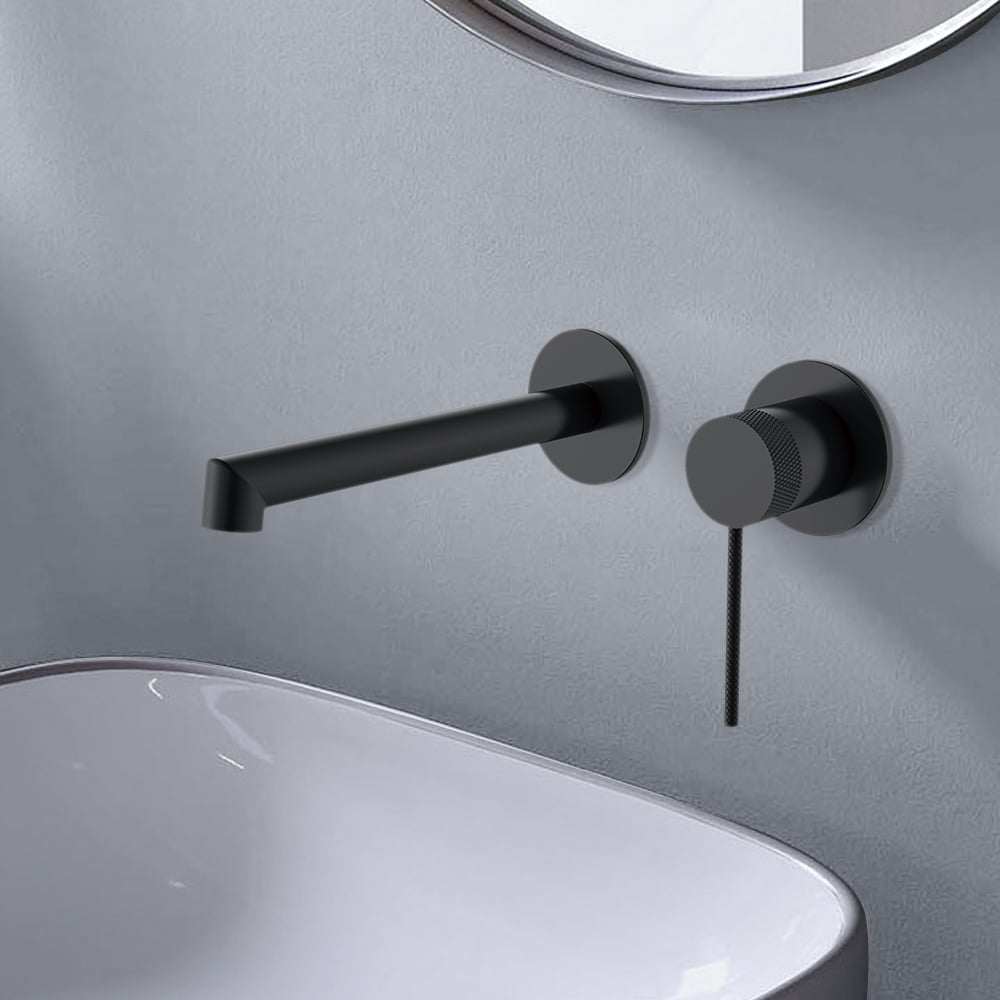 Grifo monomando de pared para lavabo de baño latón negro Imagen de ventana