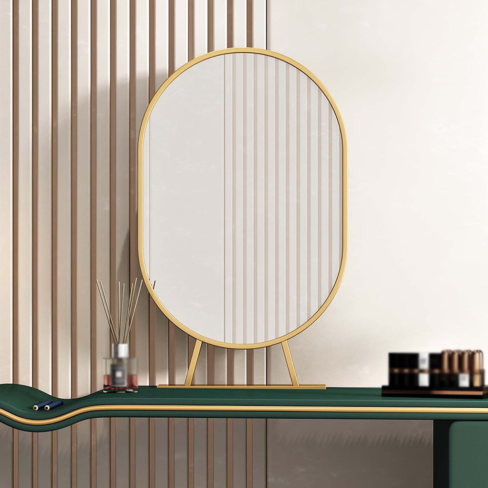 Green Wood and Metal Makeup Vanity Set with Mirror and Stool window image