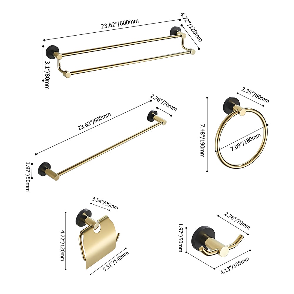 5 Pieces Gold & Black Wall Mounted Bathroom Accessory Set Bathroom Hardware Set