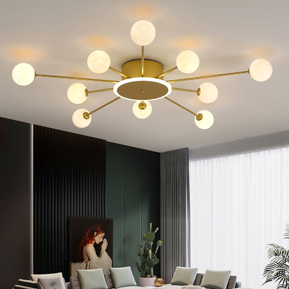 10-Light Gold Sputnik Sphere Semi Flush Mount Lighting Nordic Chandelier window image