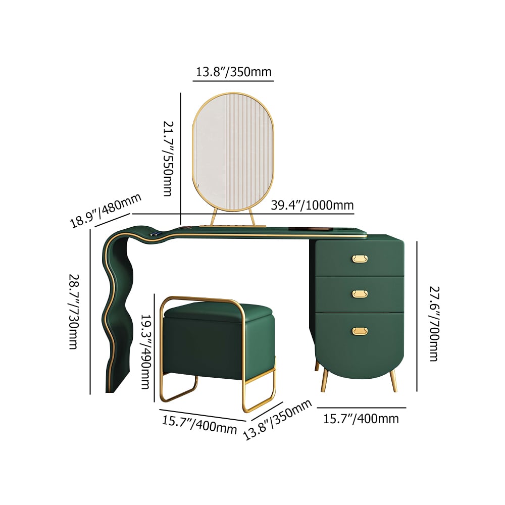 Green Wood and Metal Makeup Vanity Set with Mirror and Stool window image