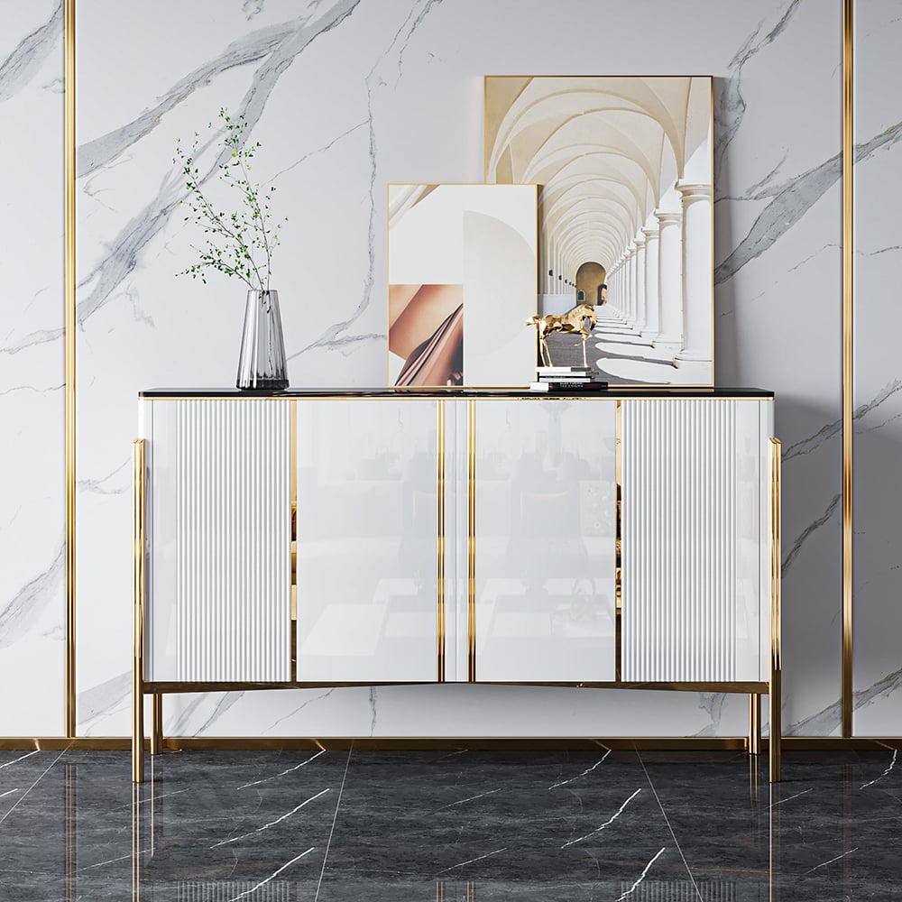 White Marble and MDF Modern Sideboard Cabinet with Doors and Shelves window image