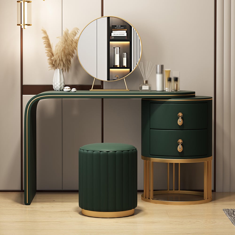 Green Faux Leather Makeup Vanity Set with Mirror and Stool window image