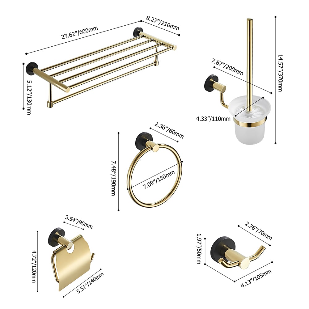 Ensemble de quincaillerie murale 5 pièces pour salle de bain en or et noir image de fenêtre
