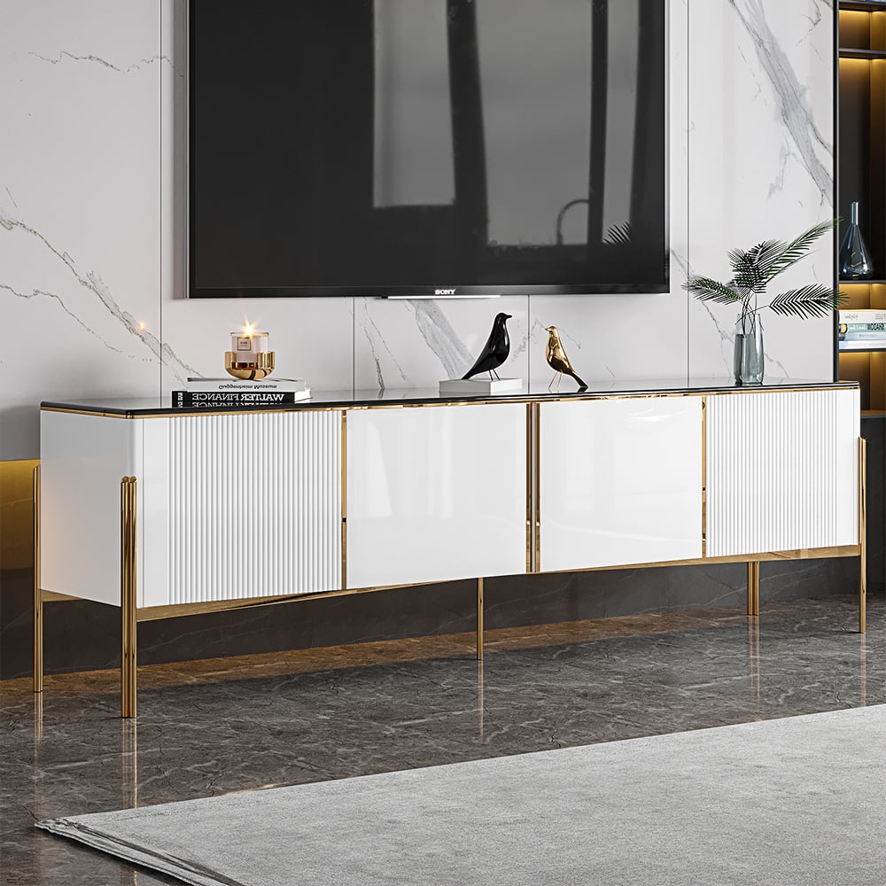 Marble and Stainless Steel TV Stand with Doors and Shelves window image