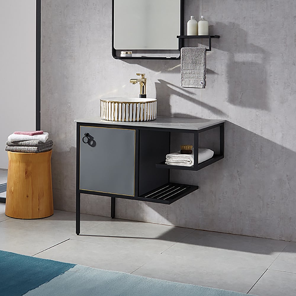 Gray Wall Mount Bathroom Vanity Freestanding Sintered Stone Tabletop with Towel Shelves window image