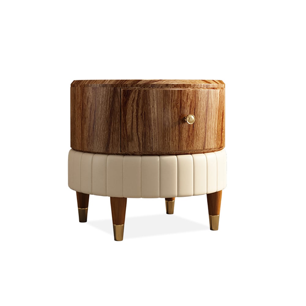 Round Wood End Table with Drawer PU Leather Upholstered Side Table window image