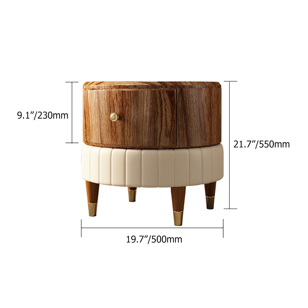 Round Wood End Table with Drawer PU Leather Upholstered Side Table window image