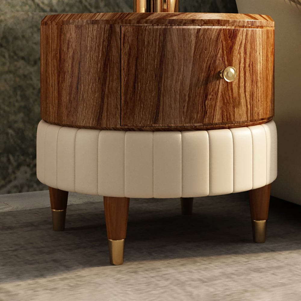 Round Wood End Table with Drawer PU Leather Upholstered Side Table window image