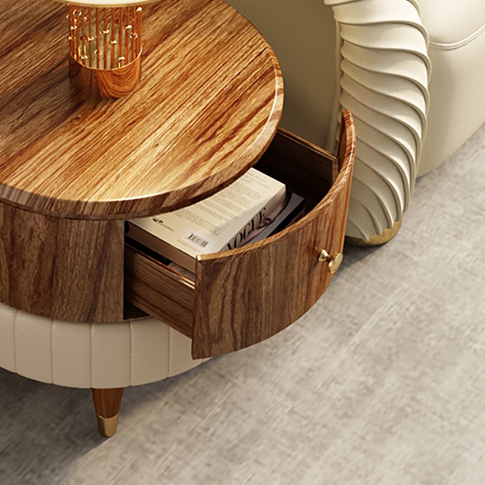 Round Wood End Table with Drawer PU Leather Upholstered Side Table window image