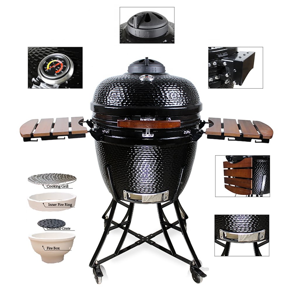Parrilla Kamado de cerámica portátil con patrón de ratán multiusos de 610 mm con ruedas Imagen de ventana