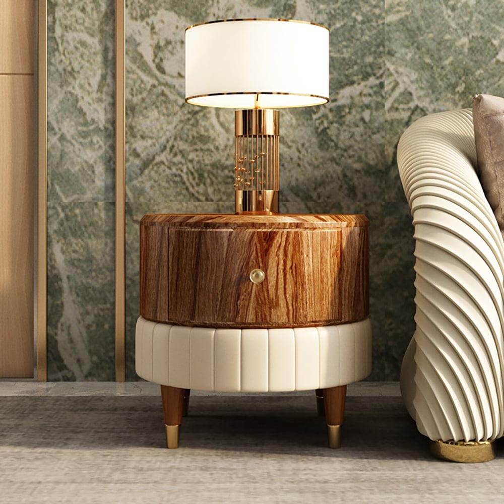 Round Wood End Table with Drawer PU Leather Upholstered Side Table window image