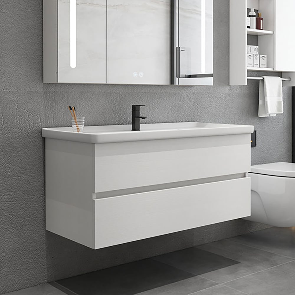 32.3" White Floating Bathroom Vanity with Integral Ceramic Sink with 2-Drawer window image