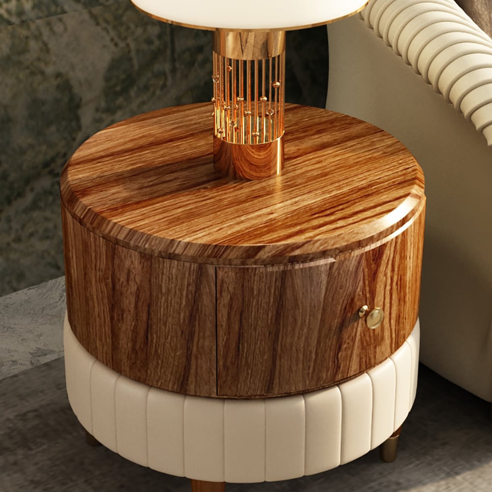 Round Wood End Table with Drawer PU Leather Upholstered Side Table window image