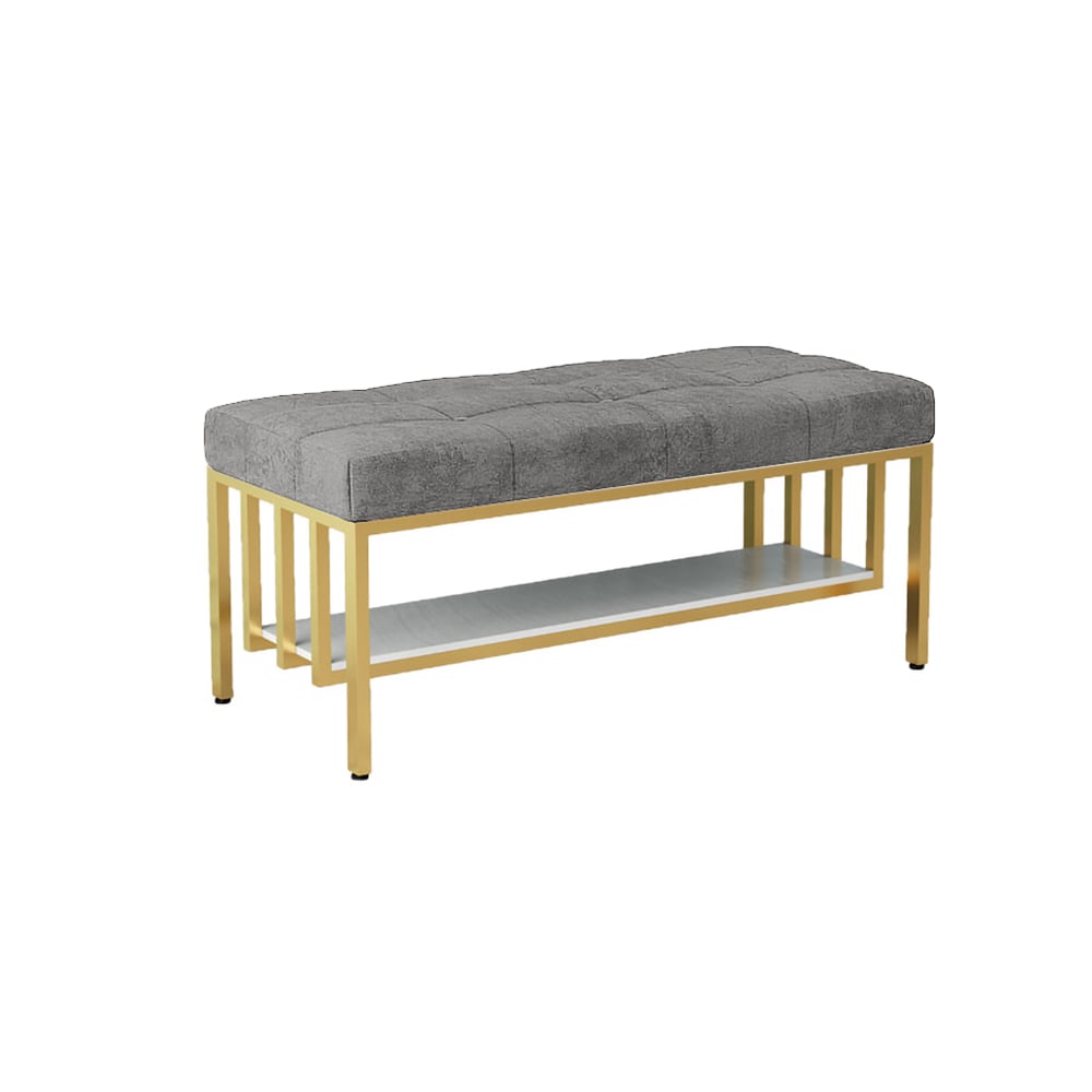 Gray Storage Entryway Bench Upholstered Velvet Modern Bench with Shelf in Gold window image