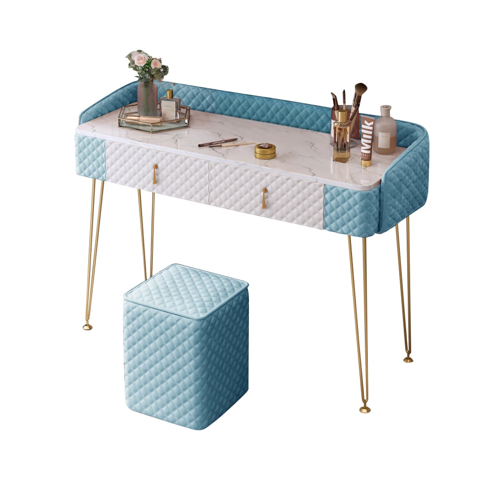 Coiffeuse de maquillage rembourrée en velours bleu et blanc de 1000 mm avec tabourets image de fenêtre