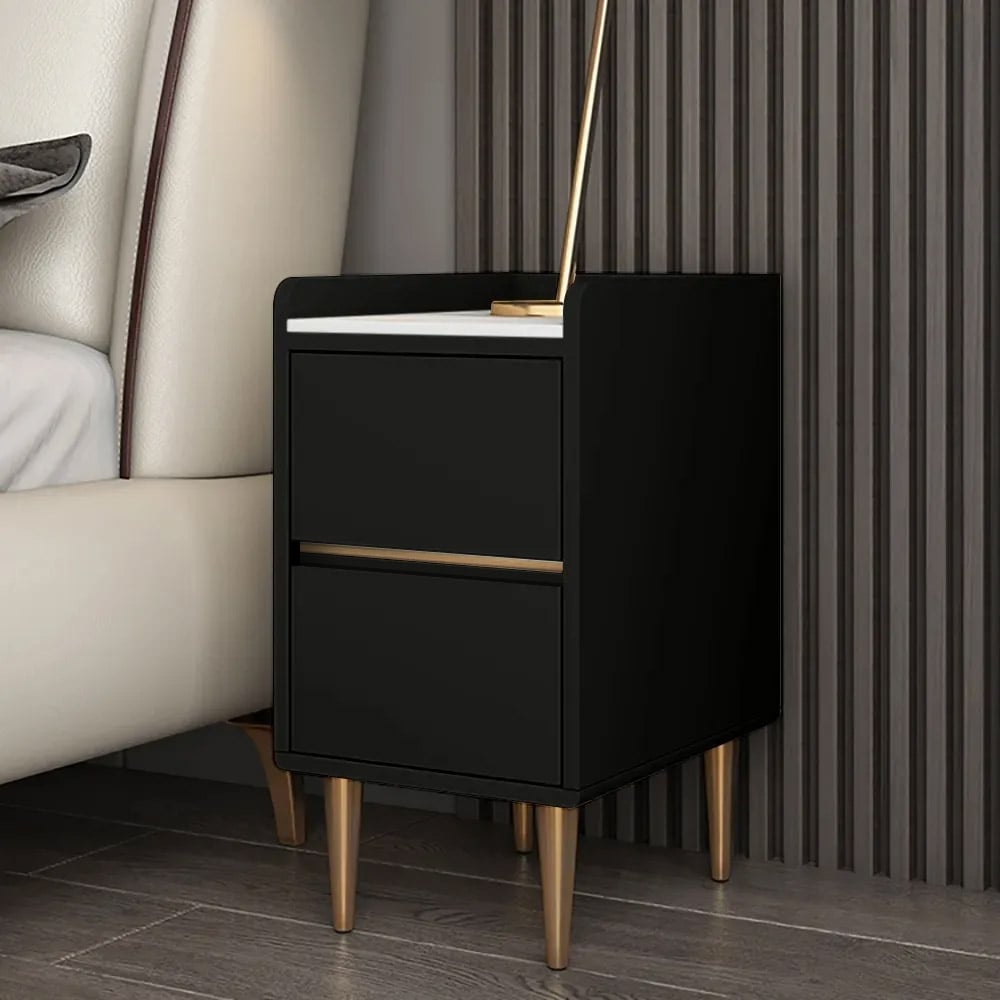 Italian Black Nightstand Sintered Stone Top with 2 Drawers in Gold window image