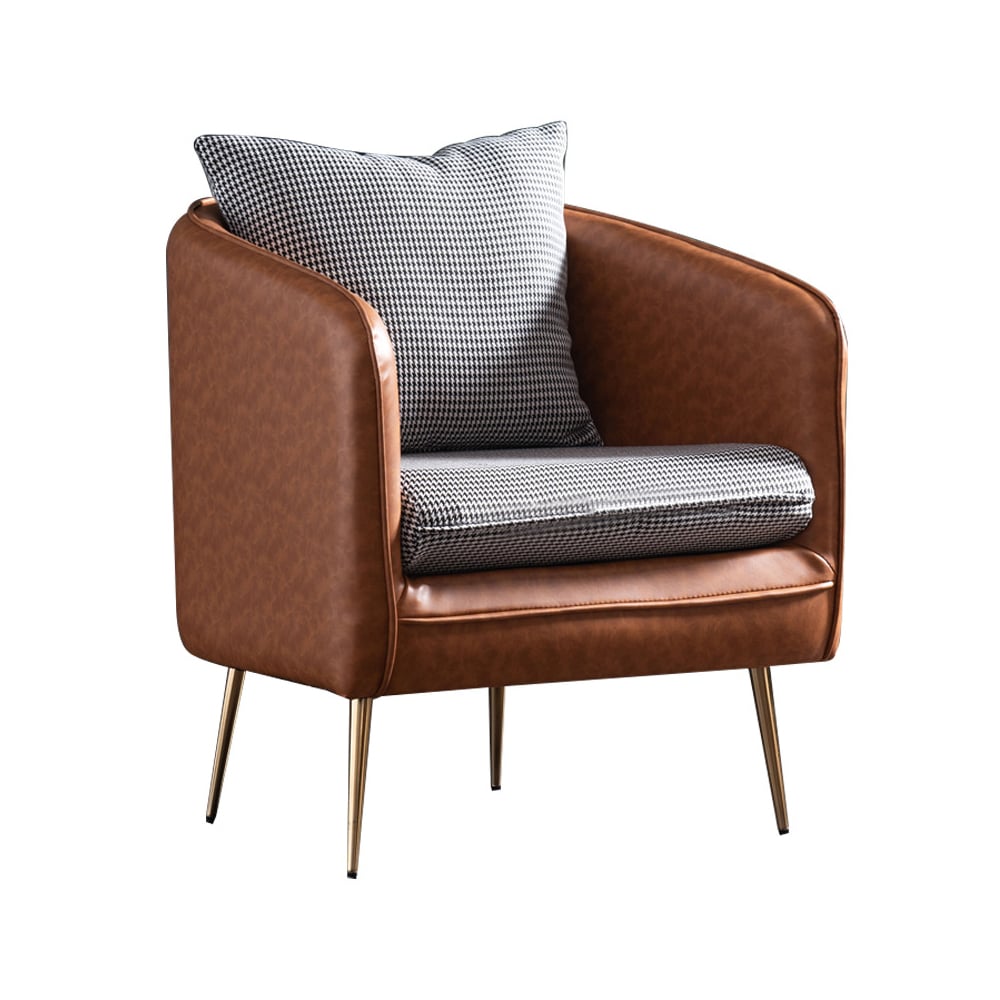 Brown Barrel Accent Chair Upholstered PU Leather&Linen Houndstooth Chair Pillow Included window image