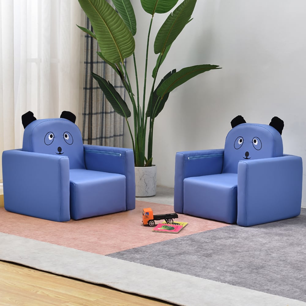 Blue Leather Upholstered Kids Chair with Cute Cartoon Backrest window image