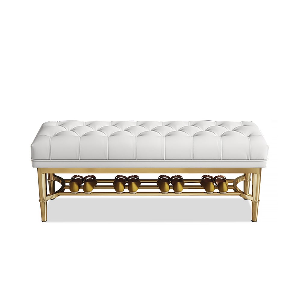 White Button Tufted Bench with Shelf Shoe Storage Faux Leather Upholstered Bench for Bedroom Entryway window image