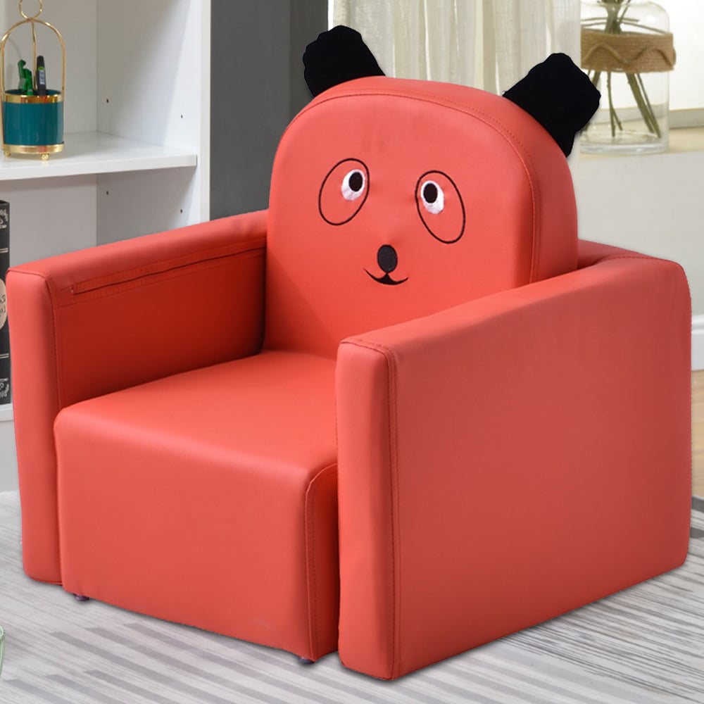 Red Leather Upholstered Kids Chair with Cute Cartoon Backrest window image