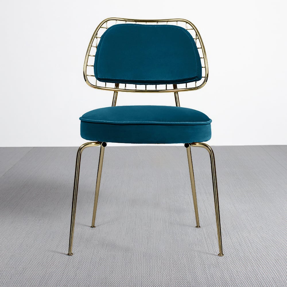 Chaise de salle à manger moderne en velours avec pieds finition or bleu image de fenêtre