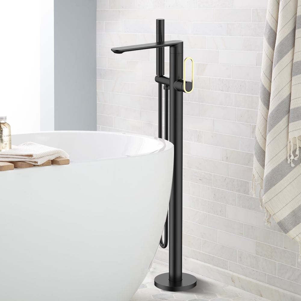 Single Hollow Out Handle Freestanding Bathtub Faucet with Handheld Shower window image