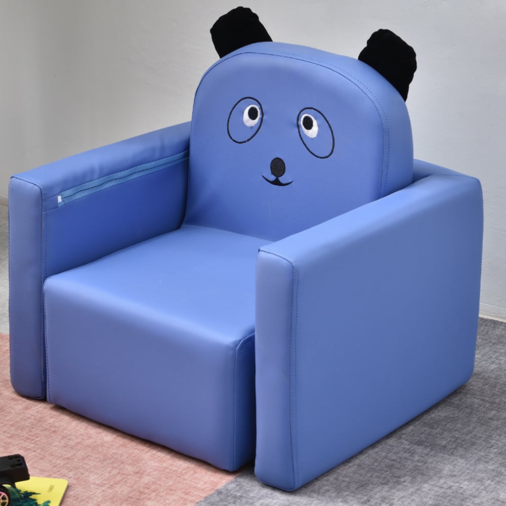Blue Leather Upholstered Kids Chair with Cute Cartoon Backrest window image