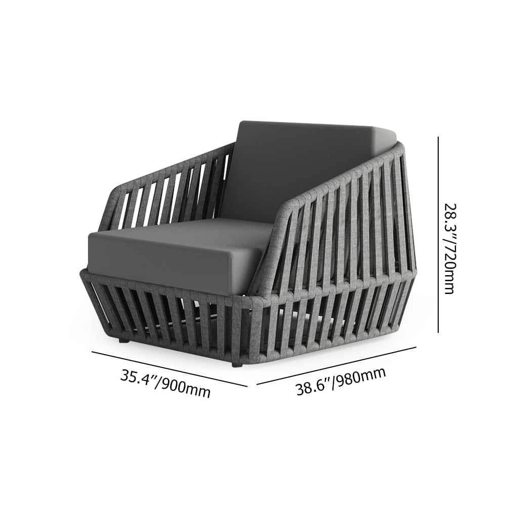 Grijze fauteuil voor buiten in zonwerend gevlochten touw met kussen Vensterafbeelding