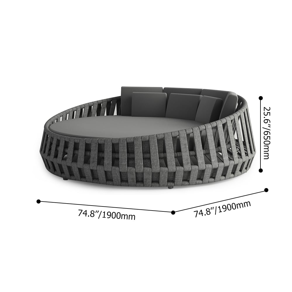 Canapé-lit d'extérieur rond gris en corde tressée anti-soleil avec coussin image de fenêtre