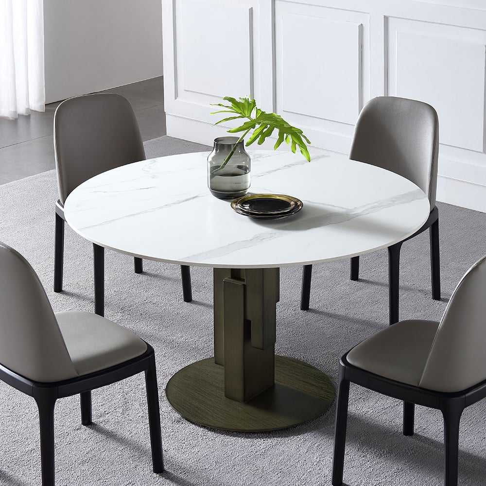 Modern Round Dining Table with White Sintered Stone Top & Carbon Steel Base window image