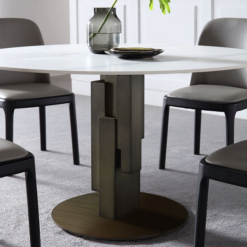 Modern Round Dining Table with White Sintered Stone Top & Carbon Steel Base window image
